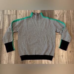Cezele High Neck Sweater Pullover Women’s Large Black White Chevron Green Stripe